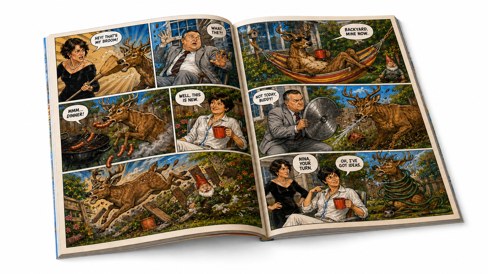 The comic book opened to a two-page spread